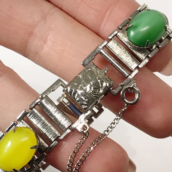 Vintage Moon Glow Bracelet Sarah Coventry Cabochon Party Pastels Scarab Style - Picture 8 of 16